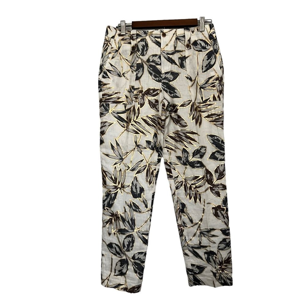 NWT J Crew Linen Garden Foil Metallic Gold Tropical Palm Leaf Cotton Lin…